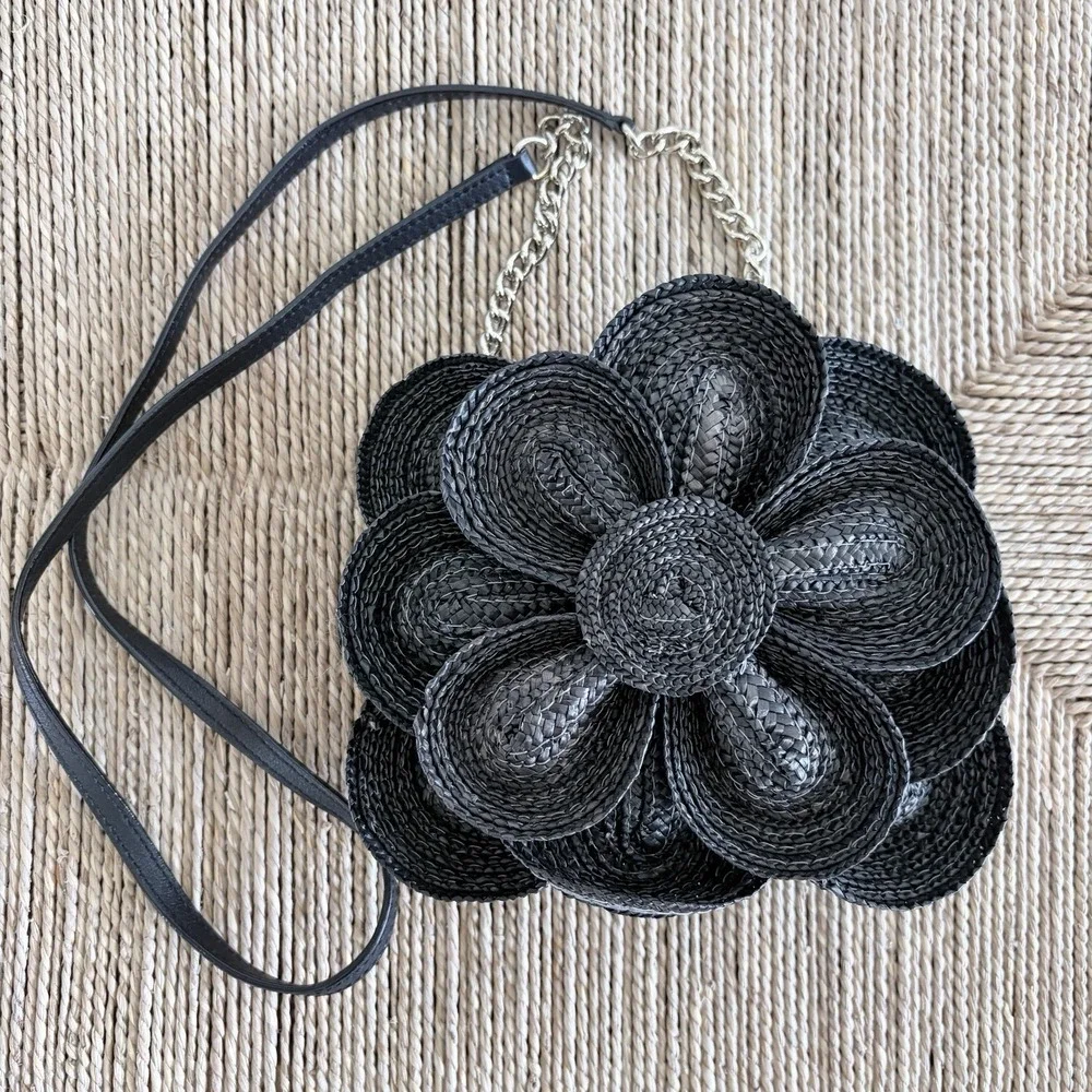Kate Spade Lawn Party Bitsy Straw Flower Crossbody Black Black Wicker Bag small